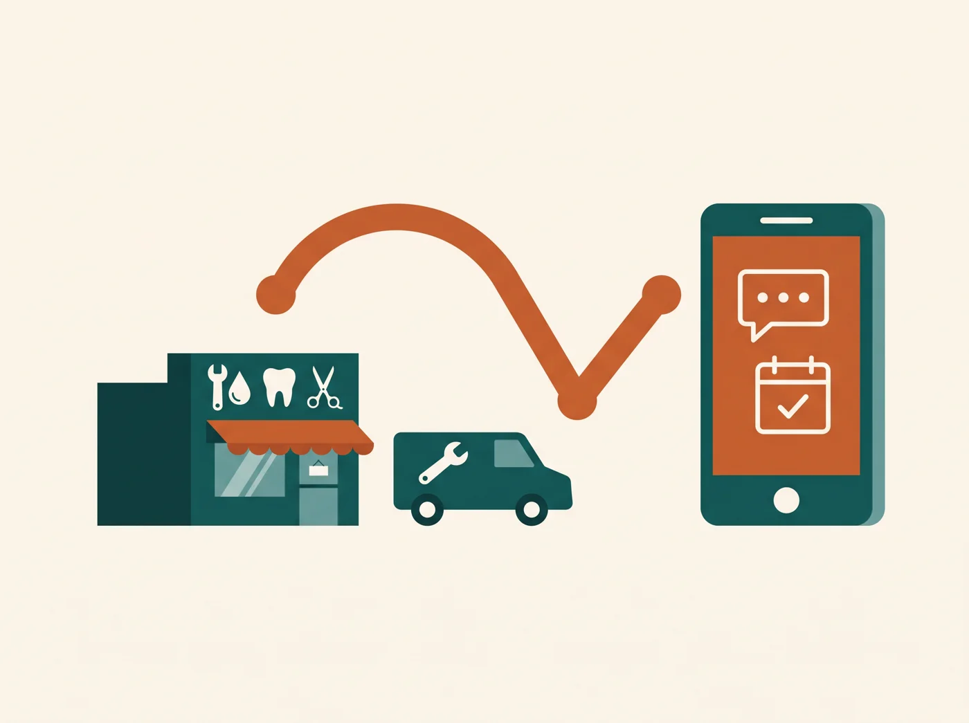 Illustration of a local shop connected by a bridge shape to a phone showing a chat message and a booked appointment